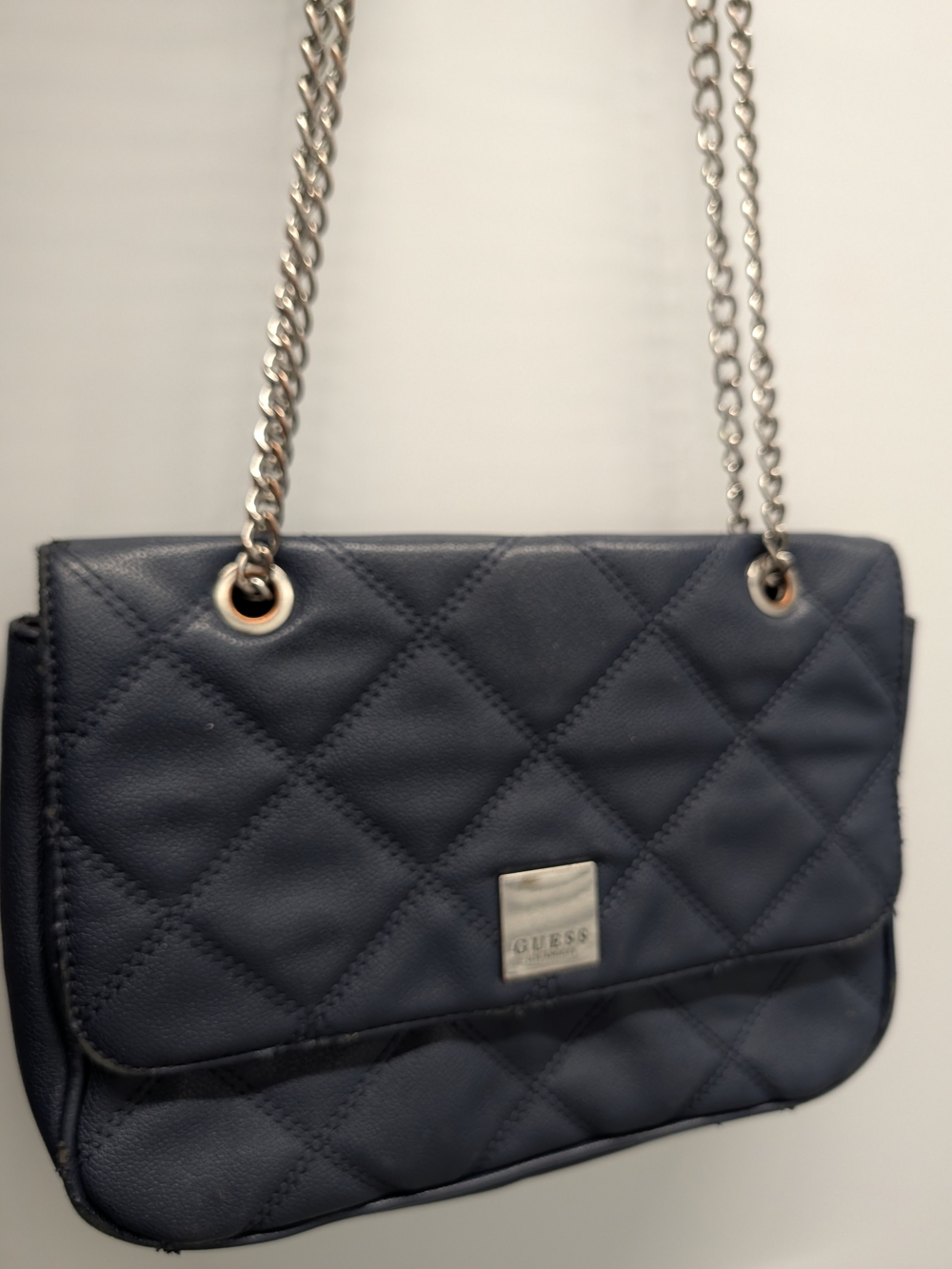 GUESS Quilted Navy Crossbody with Silver Chain